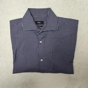 Hugo Boss Shirt Mens 15.5 34/35 Blue Check Sharp Miles Spread Collar Slim Dress